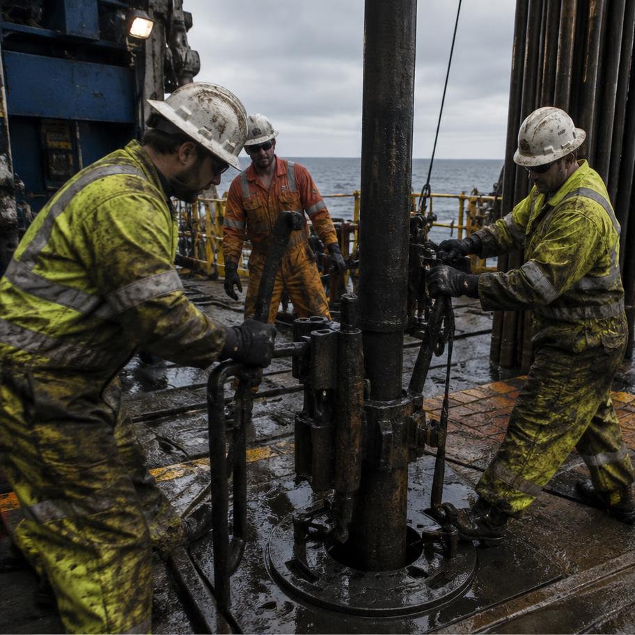 Roughneck crew working the drill floor of an offshore rig