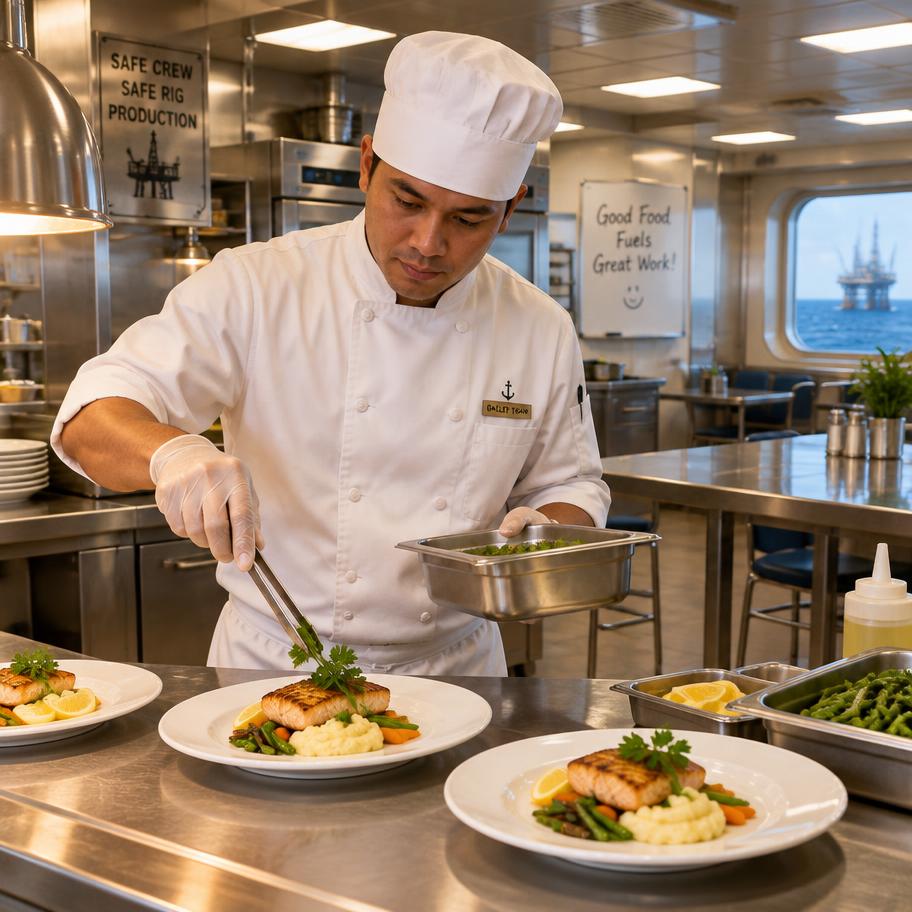 Offshore galley cook plating meals in a rig mess hall