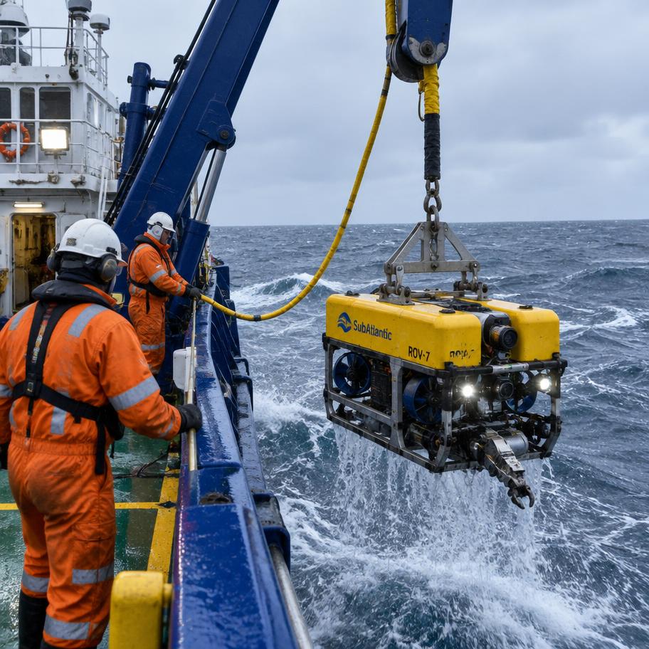 ROV being lowered from a subsea support vessel