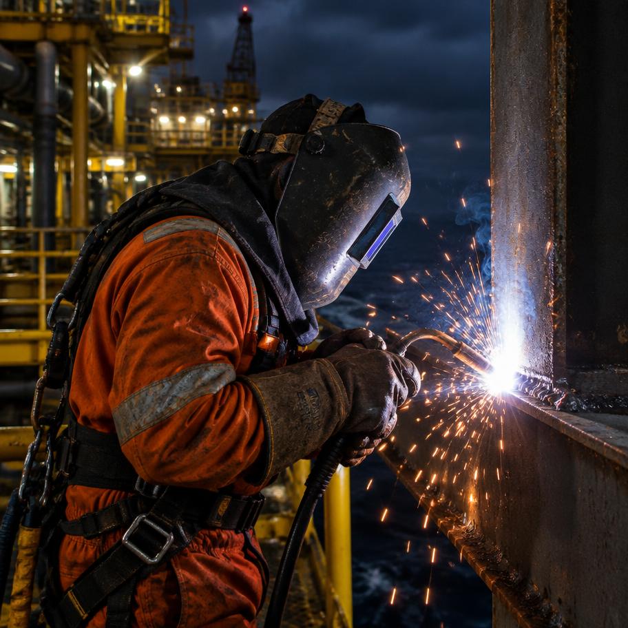 Offshore welder cutting steel on a platform at night