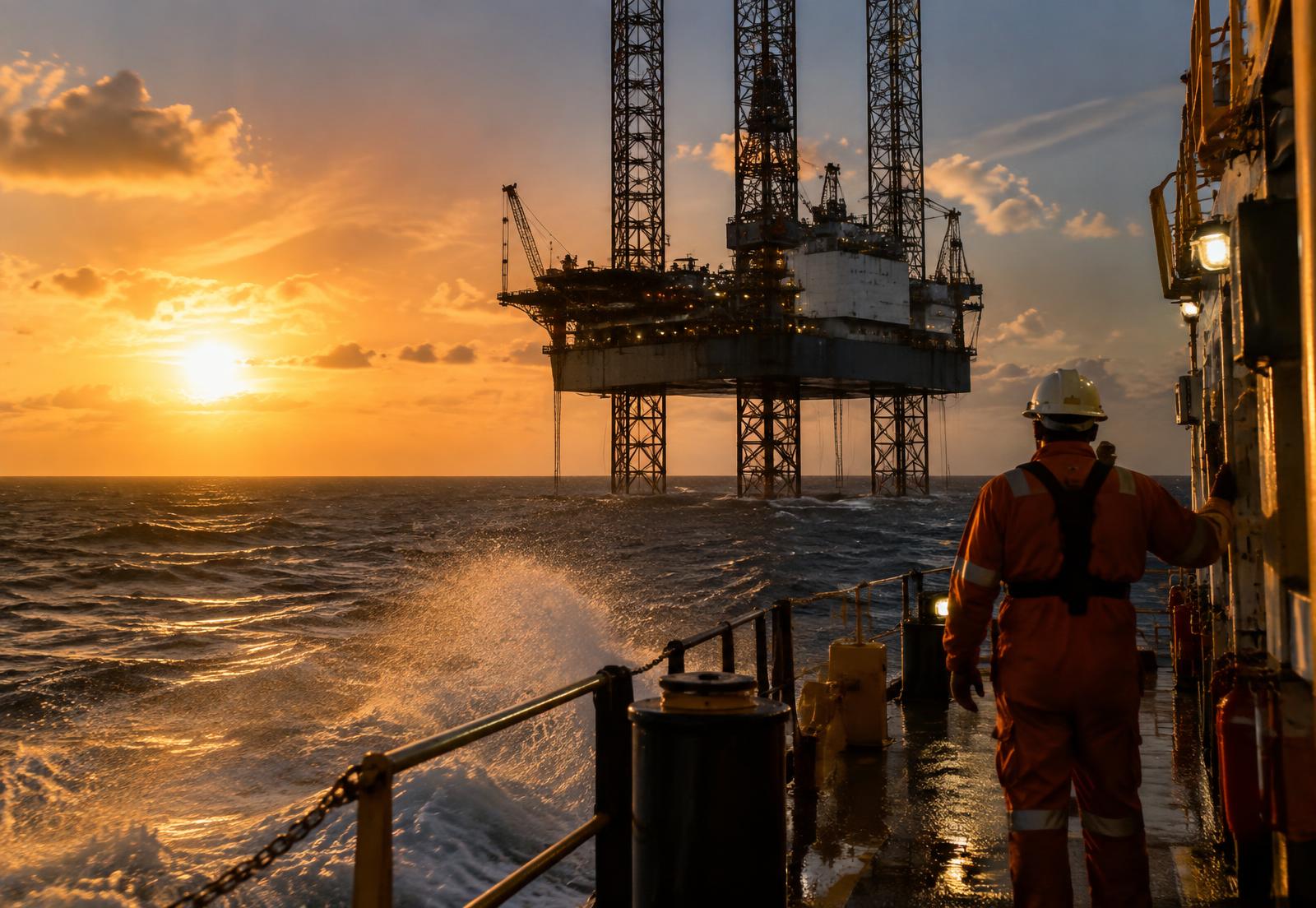 Offshore jack-up drilling rig at dawn in the Gulf of Mexico